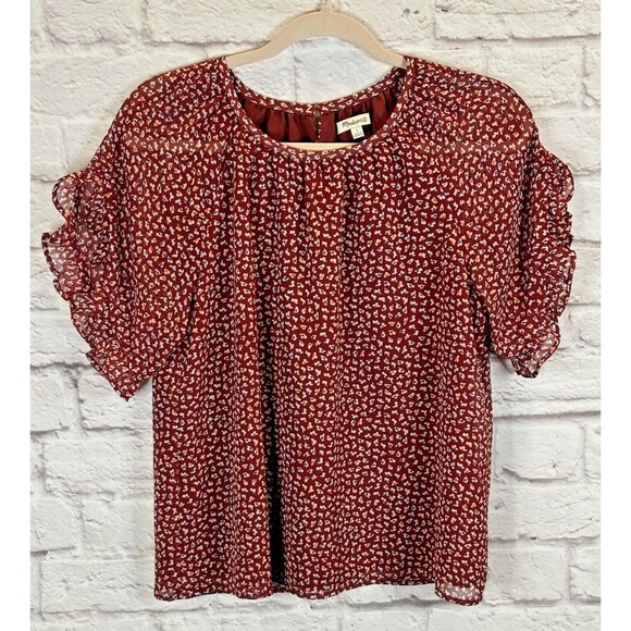Madewell Womens Top Shirt SMALL Ruffle Sleeve Ditsy Flowers Floral Red Lined‎ - Picture 1 of 9